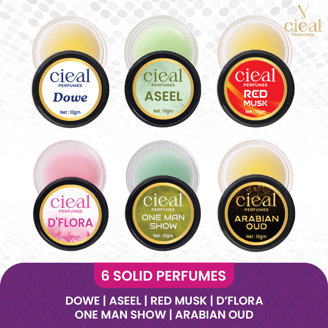 CIEAL SOLID PERFUME SET OF 6 – DOWE | ASEEL | RED MUSK | D' FLORA | ONE MAN SHOW | ARABIAN OUD