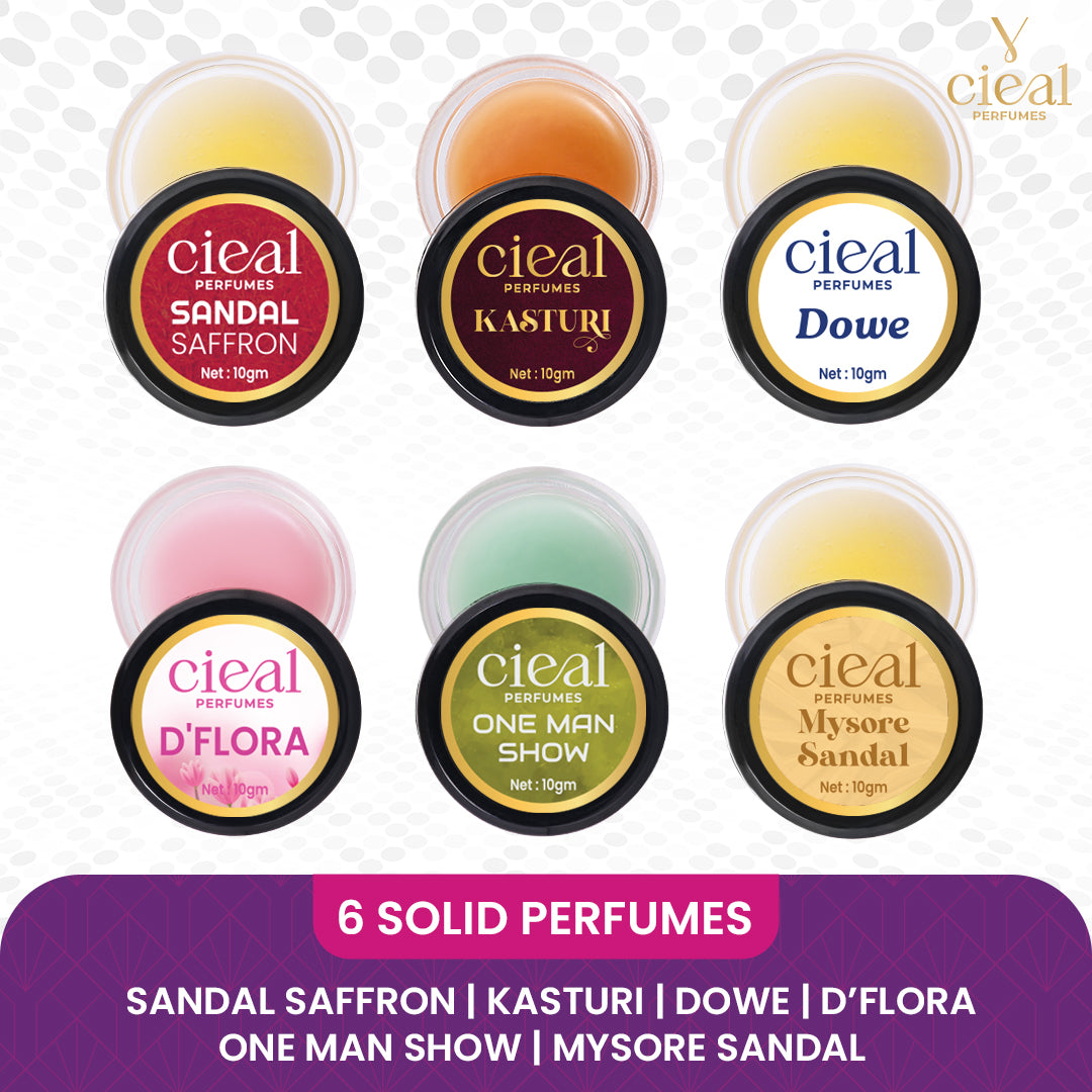 CIEAL SOLID PERFUME SET OF 6 – SIGNATURE COLLECTION | SANDAL SAFFRON | KASTURI | DOWE | D' FLORA | ONE MAN SHOW | MYSORE SANDAL