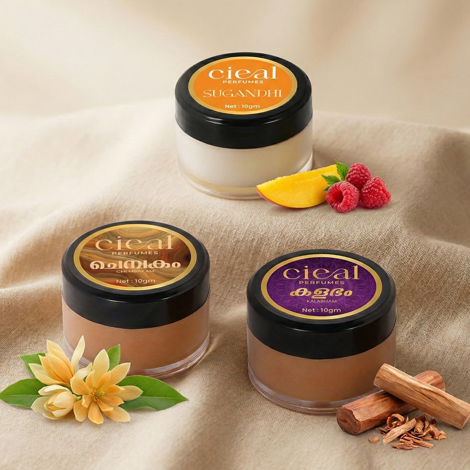 CIEAL SOLID PERFUME SET OF 3 – KALABHAM | SUGANDHI | CHEMBAKAM