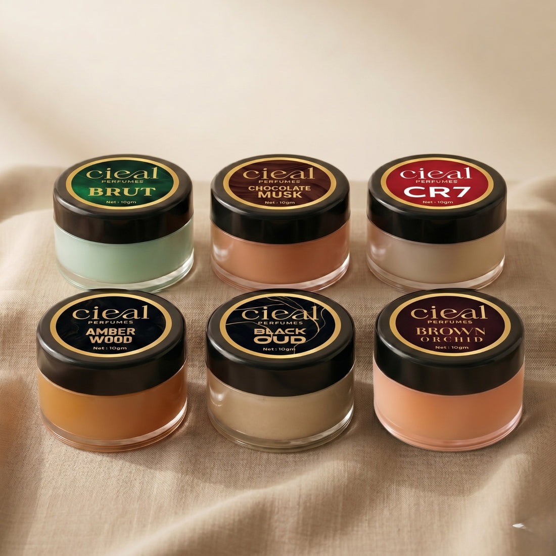 CIEAL SOLID PERFUME SET OF 6 – AMBER WOOD | CR7 | CHOCOLATE MUSK | BLACK OUD | BROWN ORCHID | BRUT