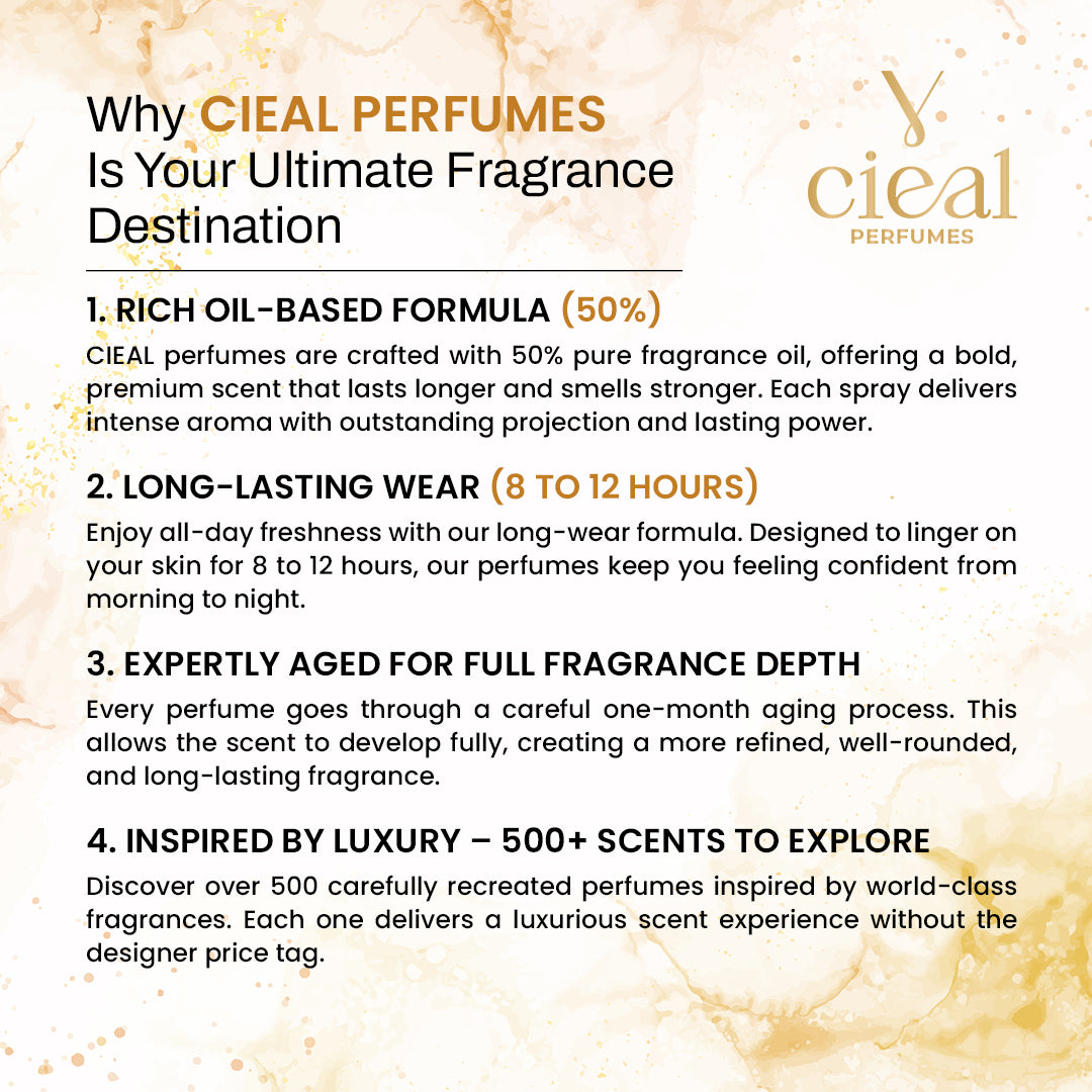 A promotional infographic for CIEAL PERFUMES on a white background with gold leaf accents. The text explains the benefits of their fragrance oil formula, long-lasting wear, expertly aged fragrance depth, and their extensive collection of over 500 scents.