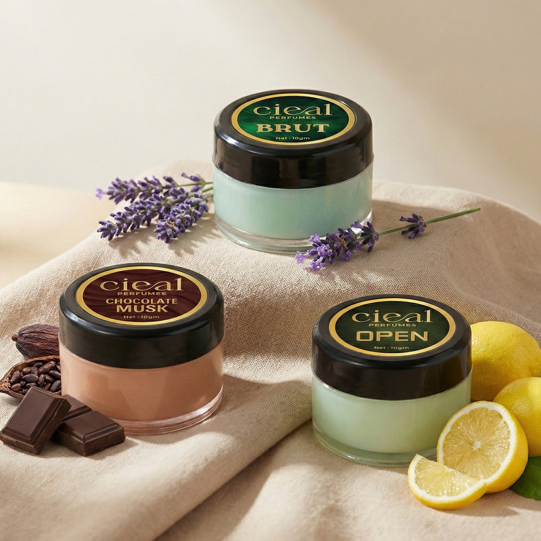 CIEAL SOLID PERFUME SET OF 3 – BRUT | CHOCOLATE MUSK | OPEN