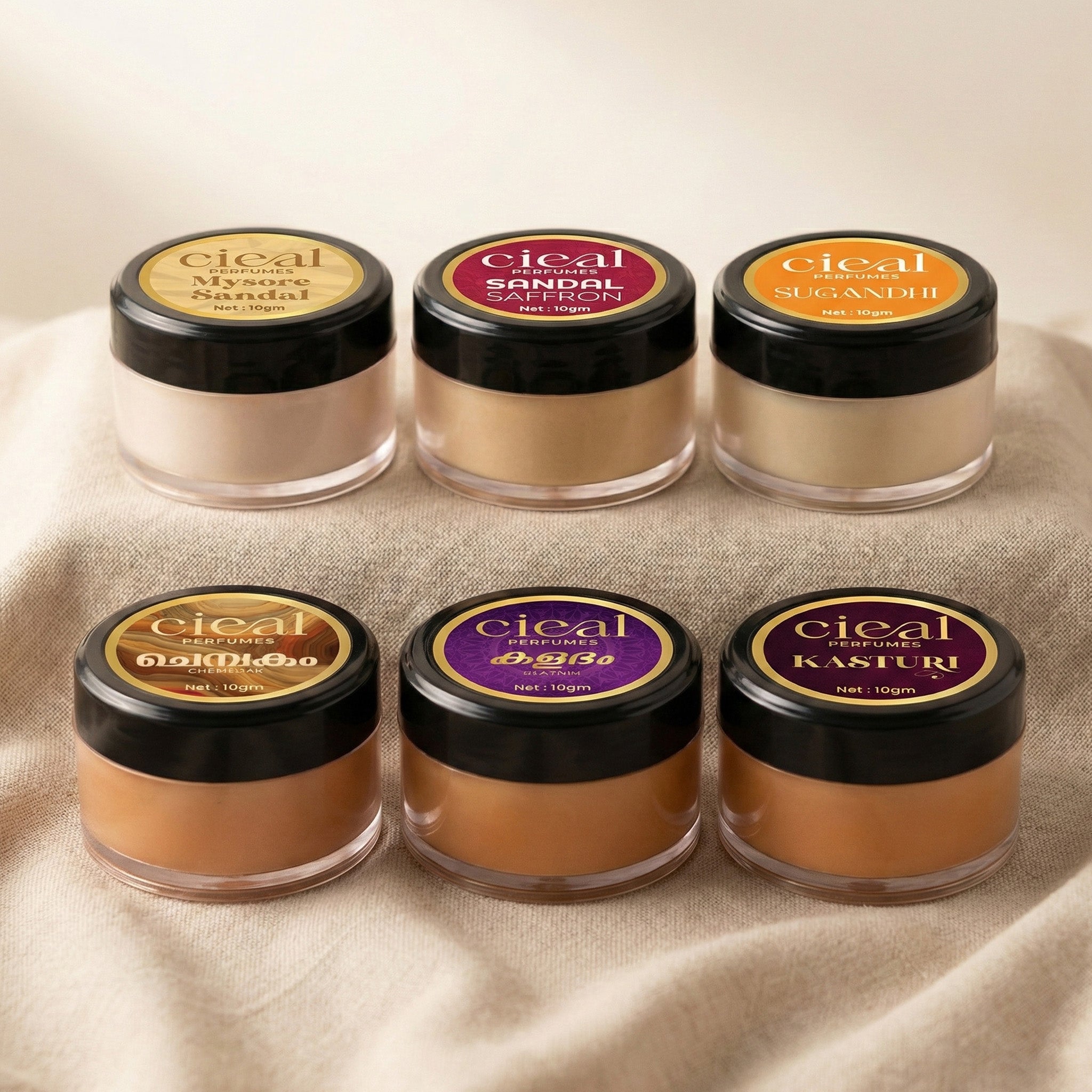 CIEAL SOLID PERFUME SET OF 6 – CHEMBAKAM | MYSORE SANDAL | SANDAL SAFFRON | SUGANDHI | KALABHAM | KASTURI