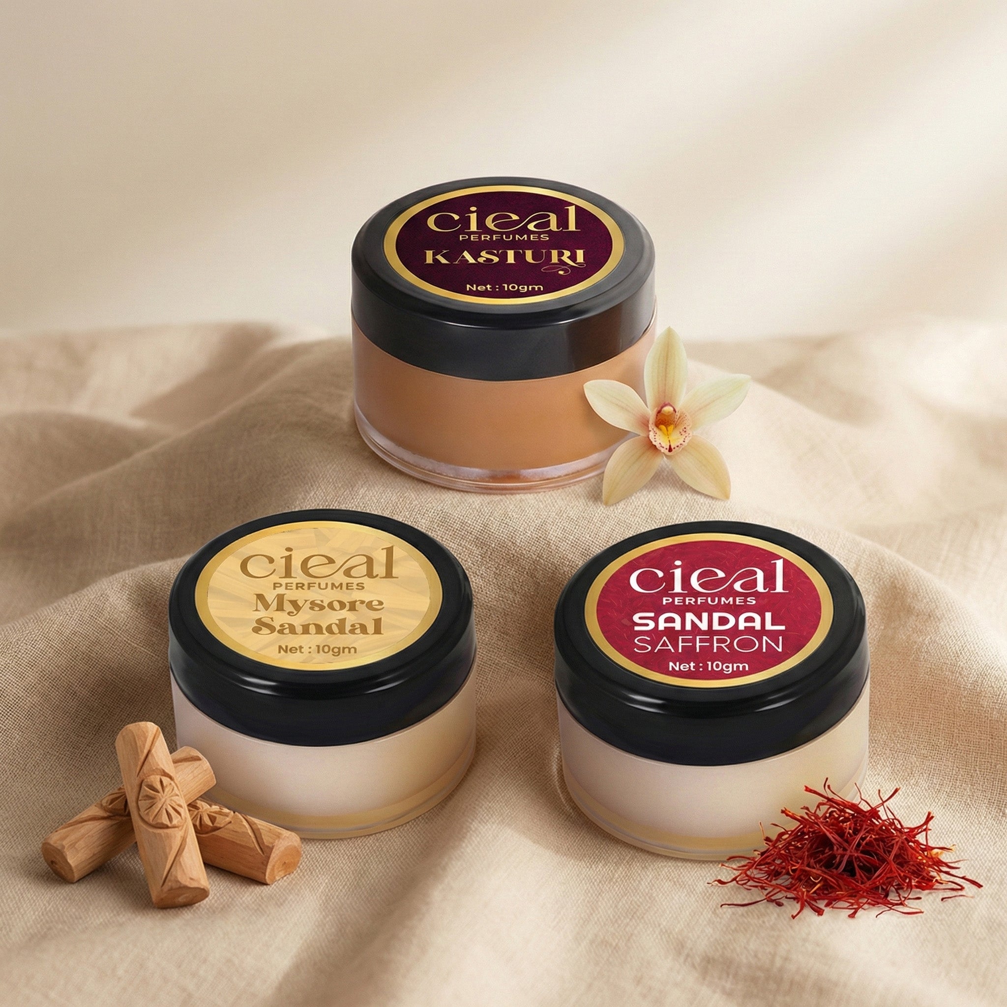 CIEAL SOLID PERFUME SET OF 3 – KASTURI | MYSORE SANDAL | SANDAL SAFFRON