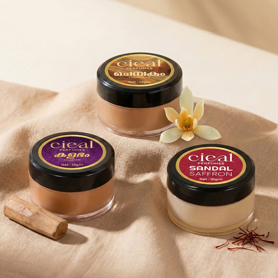 CIEAL SOLID PERFUME SET OF 3 – SANDAL SAFFRON | CHEMBAKAM | KALABHAM