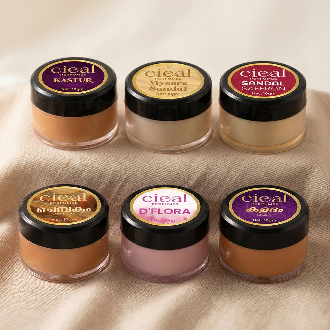 CIEAL SOLID PERFUME SET OF 6 – MASTER COLLECTION | CHEMBAKAM | MYSORE SANDAL | SANDAL SAFFRON | D' FLORA | KALABHAM | KASTURI