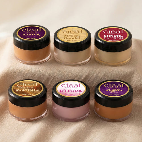 CIEAL SOLID PERFUME SET OF 6 – MASTER COLLECTION | CHEMBAKAM | MYSORE SANDAL | SANDAL SAFFRON | D' FLORA | KALABHAM | KASTURI