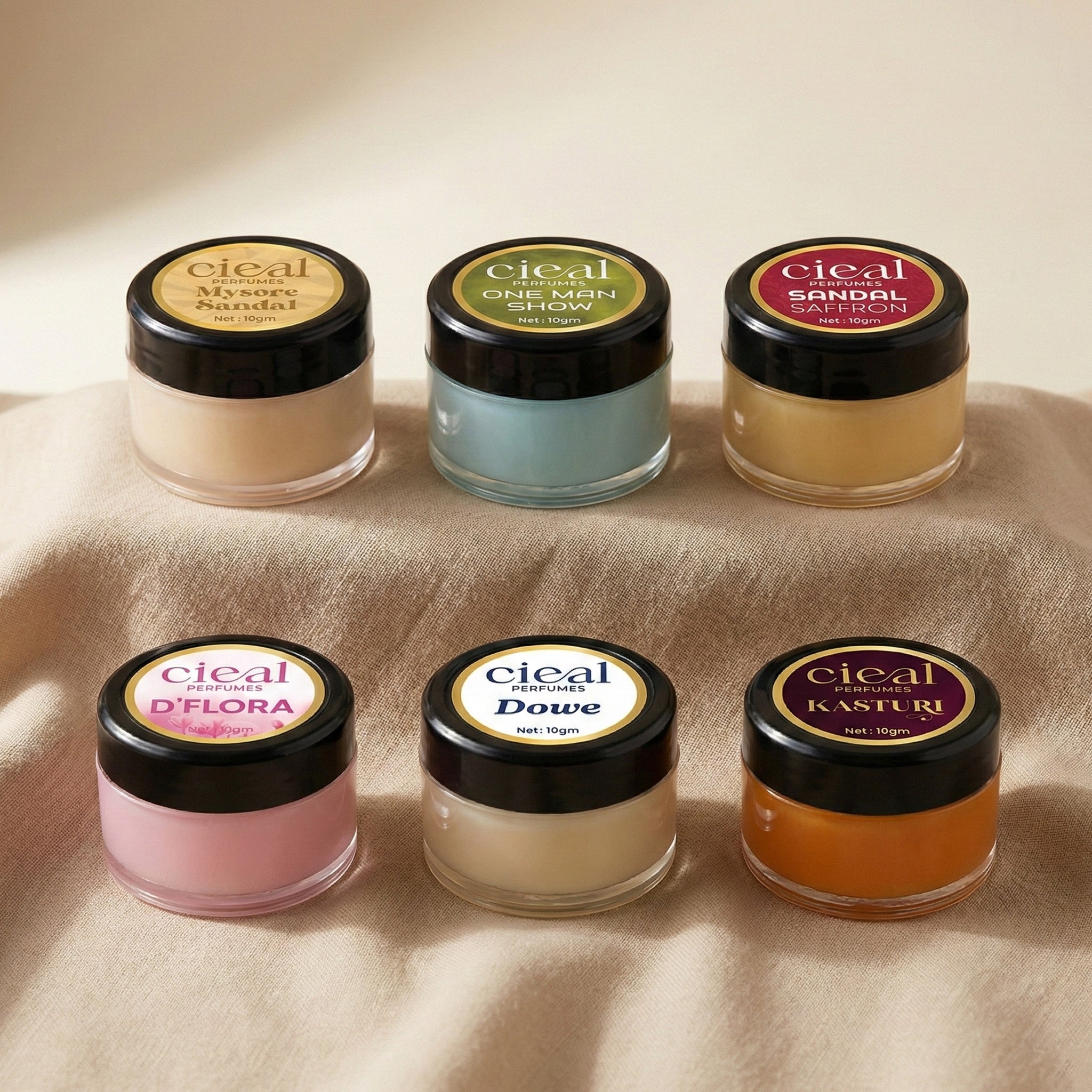 CIEAL SOLID PERFUME SET OF 6 – SIGNATURE COLLECTION | SANDAL SAFFRON | KASTURI | DOWE | D' FLORA | ONE MAN SHOW | MYSORE SANDAL