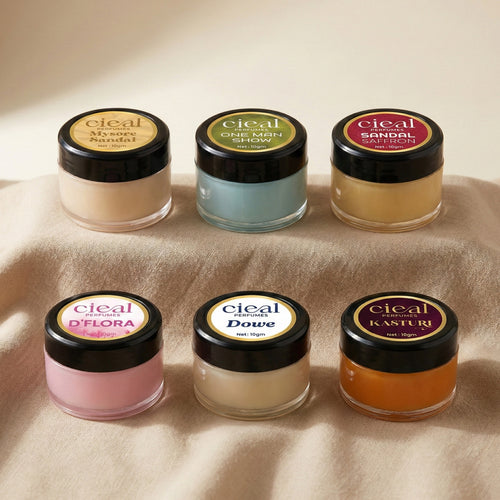 CIEAL SOLID PERFUME SET OF 6 – SIGNATURE COLLECTION | SANDAL SAFFRON | KASTURI | DOWE | D' FLORA | ONE MAN SHOW | MYSORE SANDAL