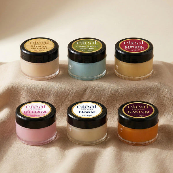 CIEAL Solid Perfume Set of 6 – Signature Collection - Sandal Saffron - Kasturi - Dowe - D'Flora - One Man Show - Mysore Sandal.