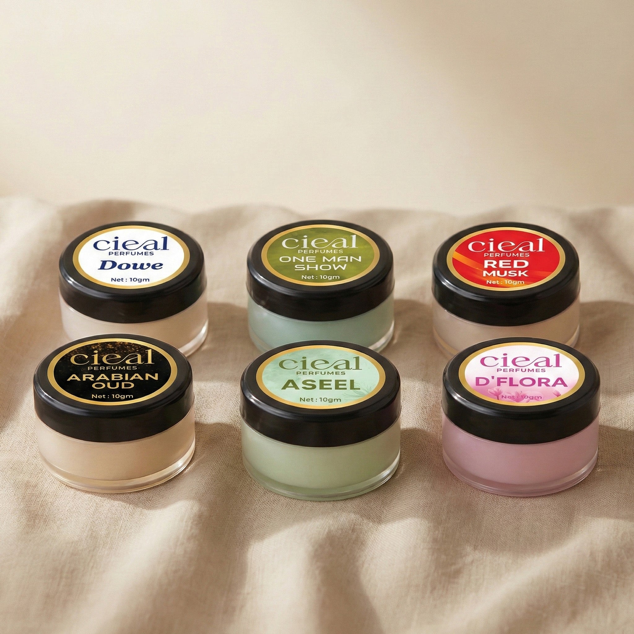 CIEAL SOLID PERFUME SET OF 6 – DOWE | ASEEL | RED MUSK | D' FLORA | ONE MAN SHOW | ARABIAN OUD