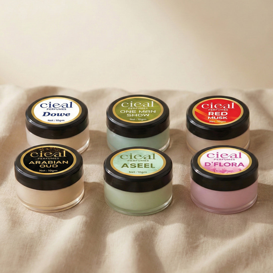 CIEAL SOLID PERFUME SET OF 6 – DOWE | ASEEL | RED MUSK | D' FLORA | ONE MAN SHOW | ARABIAN OUD