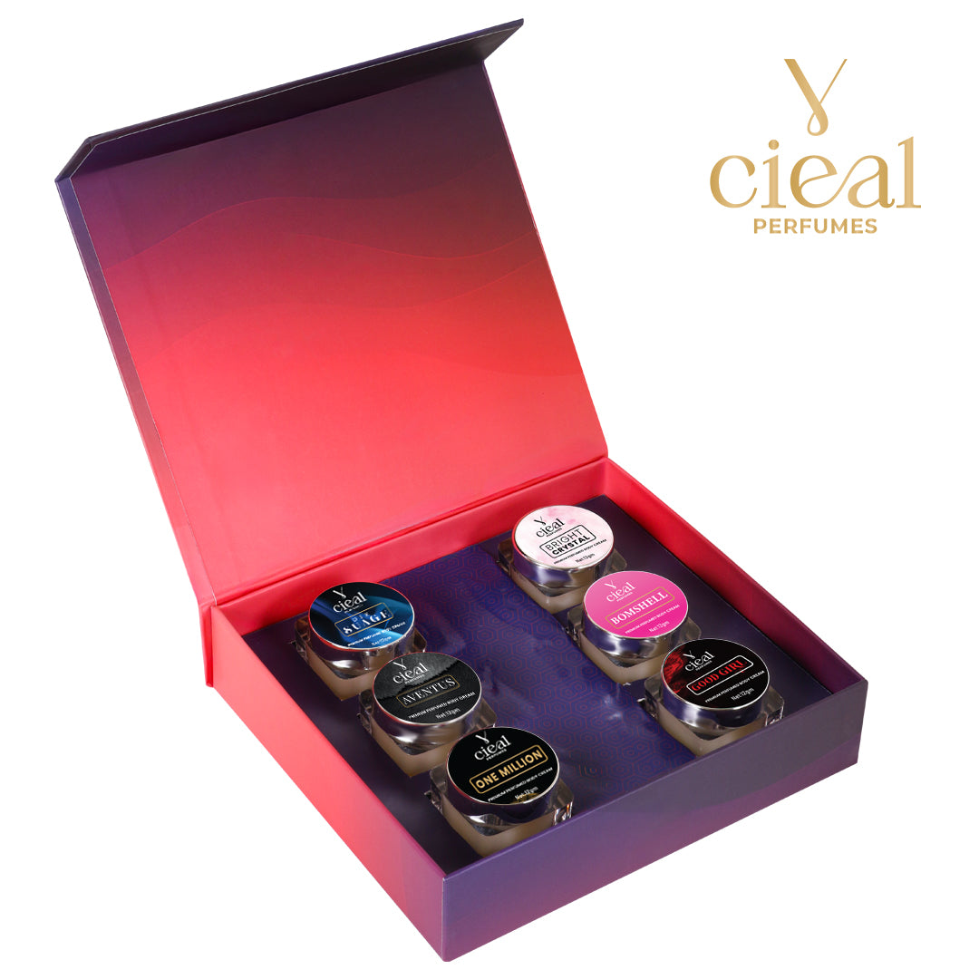 CIEAL PREMIUM SOLID PERFUME SET OF 6 – INSPIRED BY FLORAL | PURPLE OUD | BLACK OPIUM | BLEU DE CHANEL | LE MAL ELIXR | MOST WANTED (UNISEX)