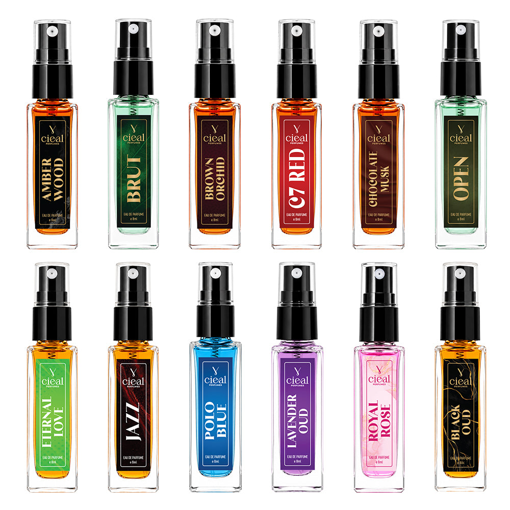 CIEAL Perfume Spray Gift Set of 12 – Amber Wood, Black Oud, Brown Orchid, Brut, Chocolate Musk, CR7, Eternal Love, Jazz, Lavender Oud, Open, Polo Blue & Royal Rose – 8 ml each