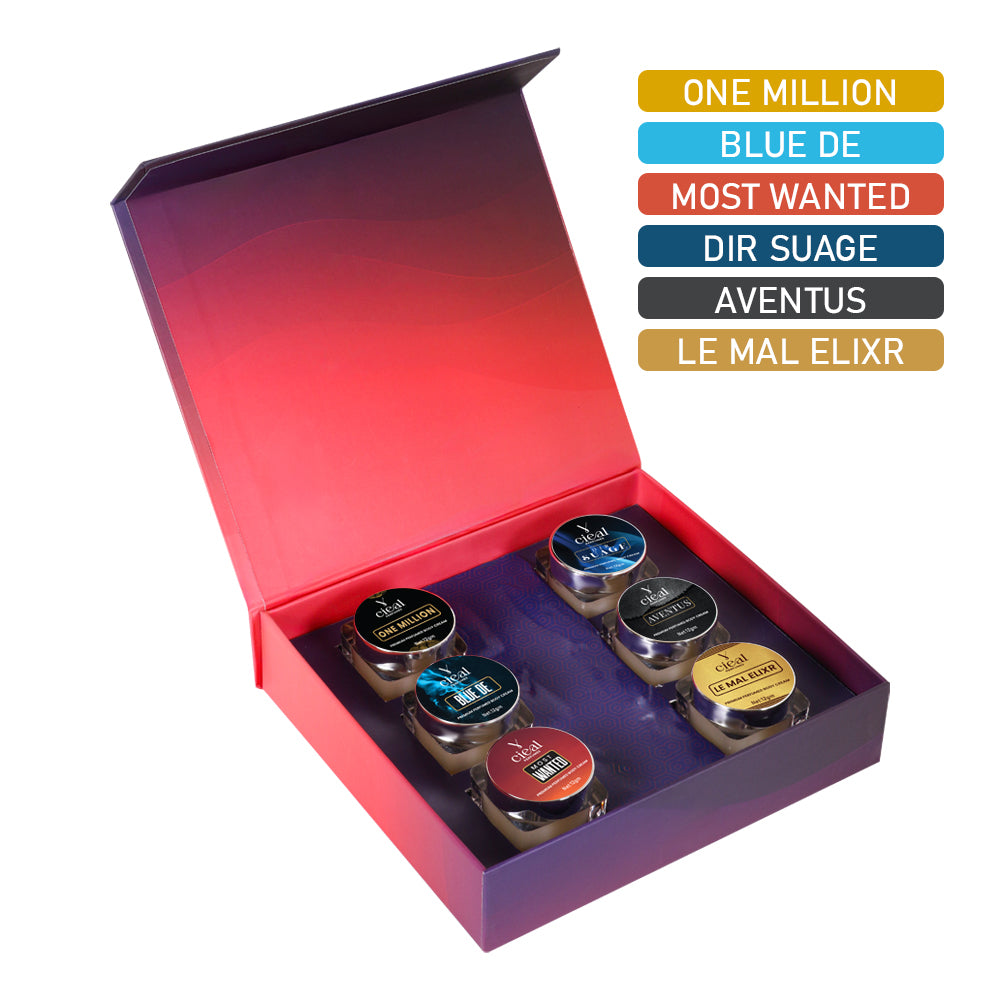 CIEAL PREMIUM SOLID PERFUME SET OF 6 – INSPIRED BY LE MAL ELIXR | AVENTUS | ONE MILLION | DIR SUAGE | MOST WANTED | BLEU DE (FOR MEN)